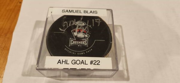 Chicago Wolves Samuel Blais Wolves vs Carolina Checkers logo puck March 26th 2017