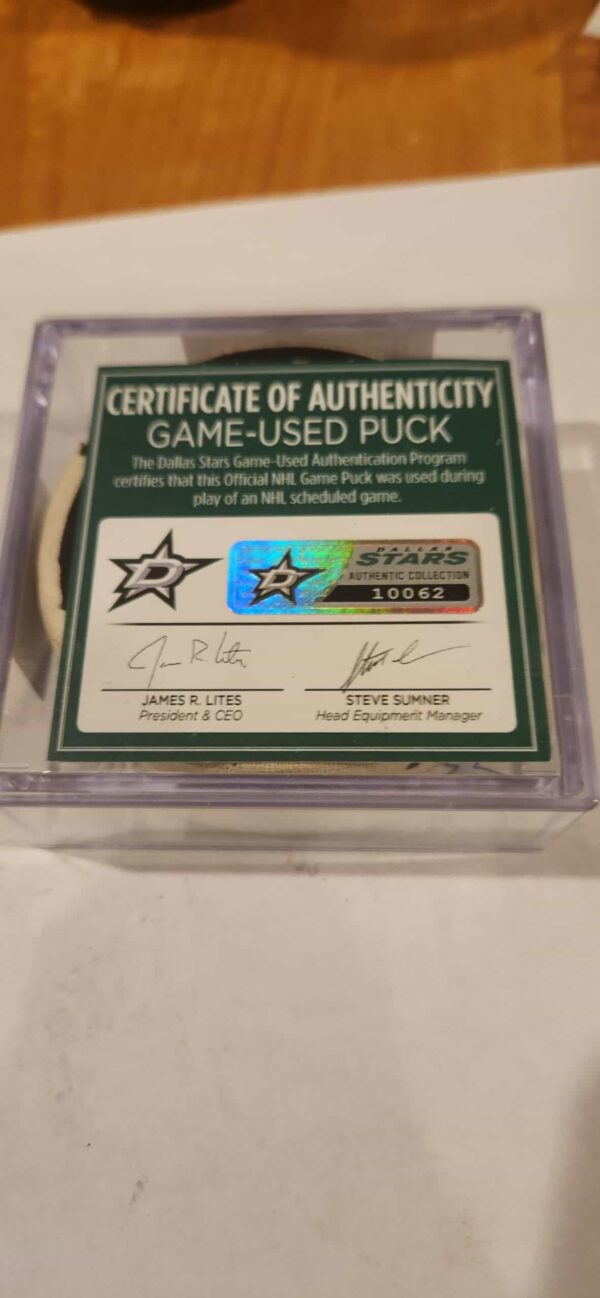 Samuel Blais Blues vs Dallas Stars 25th Logo puck 100 year puck as well Dallas Authenticity