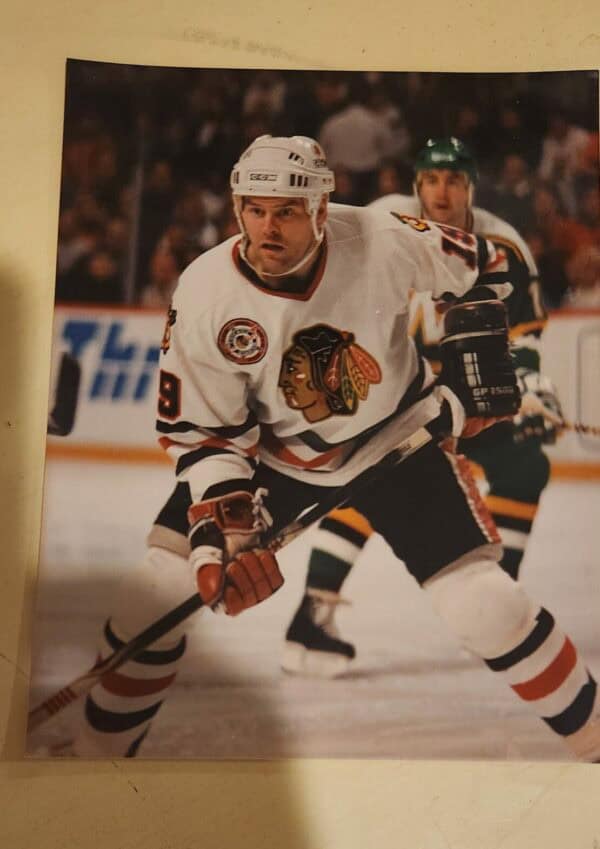 Troy Murray Chicago Blackhawks unsigned photograph in white jersey early 1990's with ALL STAR GAMR PATCH