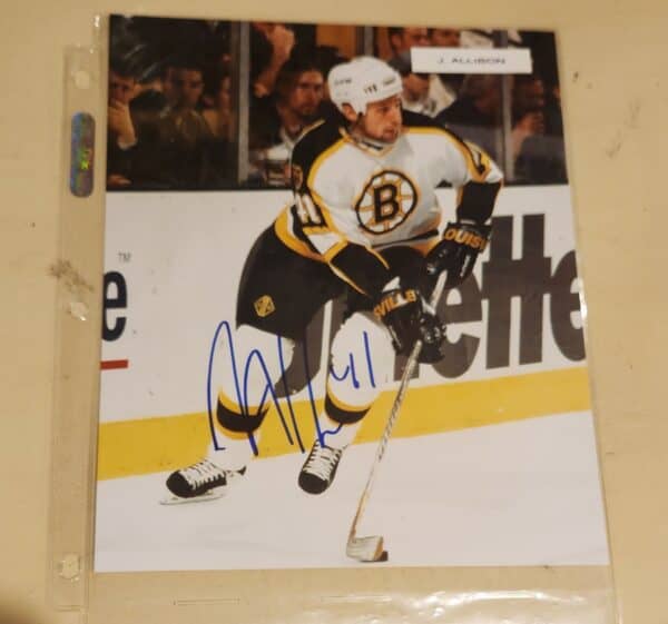Jason Allison Boston Bruins autographed color 8x10 Photograph white jersey w/LOA