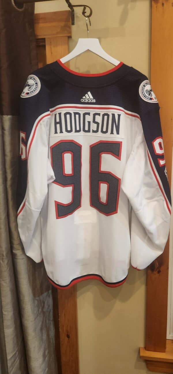 COLUMBUS BLUE JACKETS Haydon Hodgson#96 White Adidas size 58 Training Camp 2017-18 w/ 100 patch $400