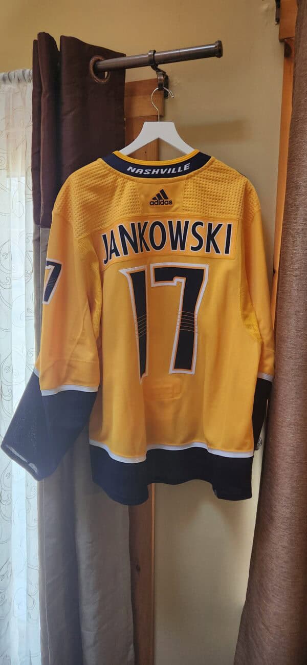 NASHVILLE PREDATOR Mark Jankowski #17 Gold adidas airknit size 56 used in the Global Series Oct 7th, 2022, in Prague Czech vs San Jose Sharks Stamped not game worn, LOA say it was, shows light wear, team LOA $500