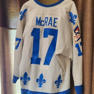 Quebec Nordiques Ken McRae #17 White CCM Knit with Rendezvous patch size 54 Restored Silk screening lots of good wear and repairs $1750