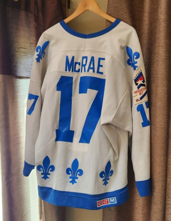 Quebec Nordiques Ken McRae #17 White CCM Knit with Rendezvous patch size 54 Restored Silk screening lots of good wear and repairs $1750