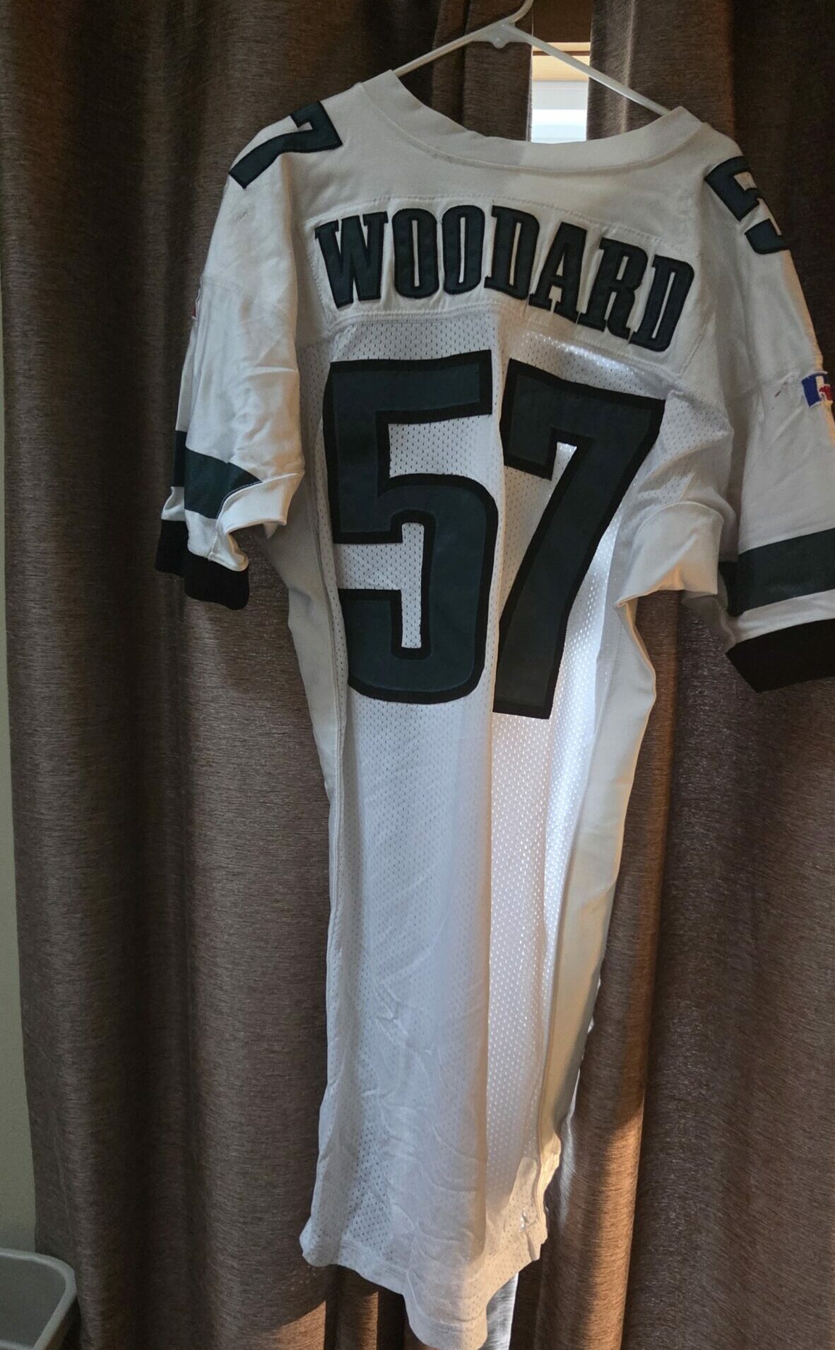 PHILADELPIA EAGLES Michael Woodward #57 White Russell Athletic Mesh size 48 L from 1996 repairs $450