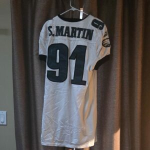 PHILADELPIA EAGLES Steven Martin #91 White Puma mesh size 48 L from 1999 repairs $350