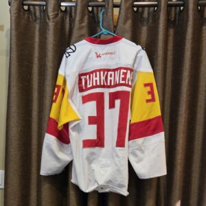 Finland Jokers Tuhkanen #37 White International Under 20 made by Karren Airknit $200