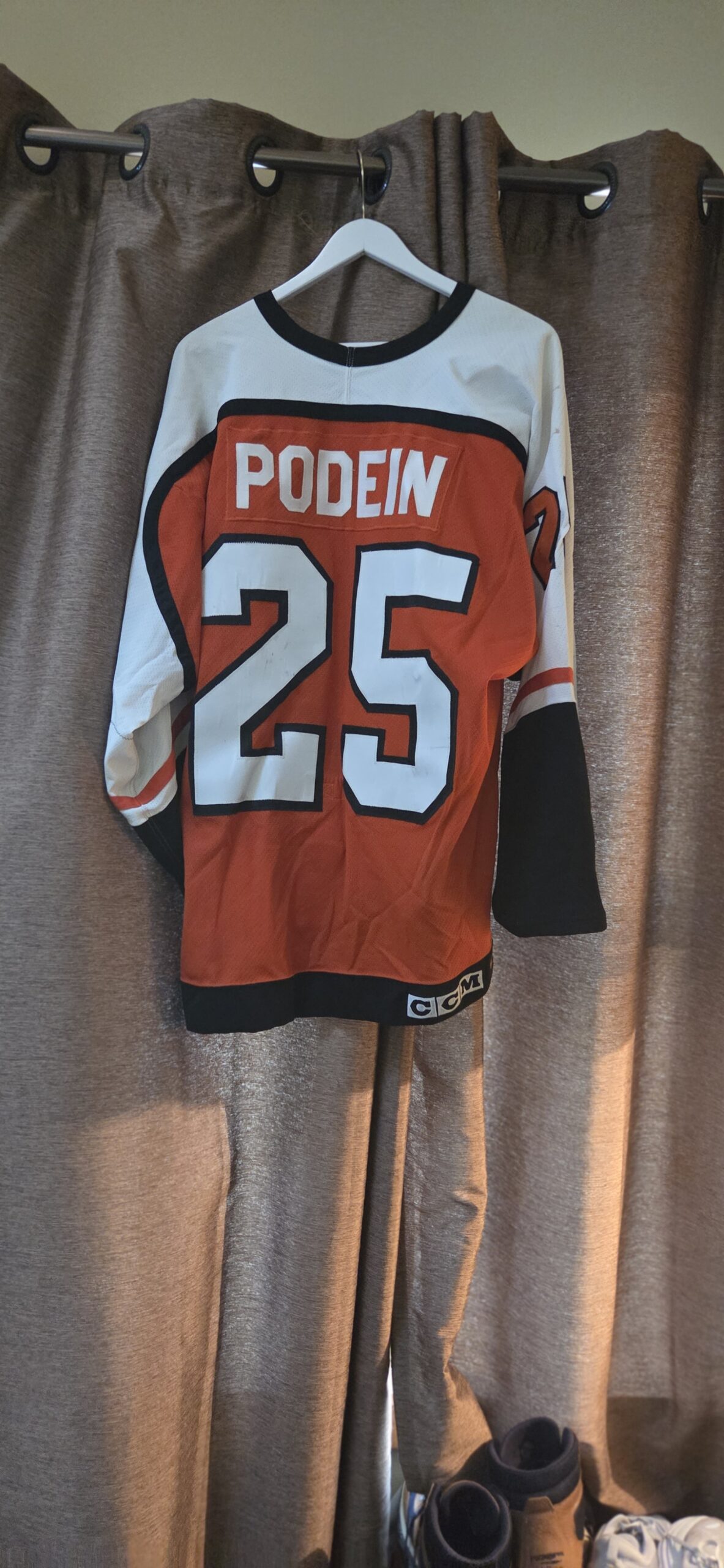 PHILADELPHIA FLYERS Shjon Podein #25 Orange CCM Airknit 54, repairs , wear $1500