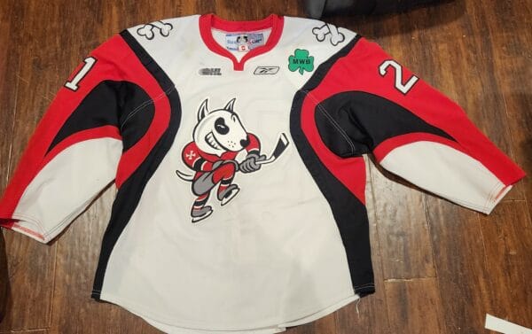 Niagra Icedogs Terreri #21 White Reebok Airknit size 54  w/ Shamrock patch for owners passing away $300